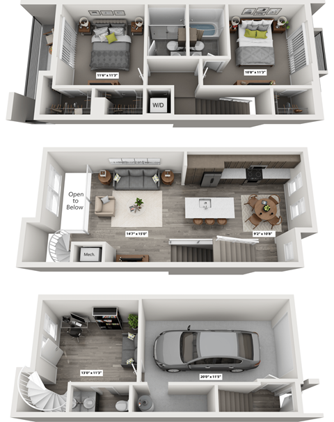 Three different floor plans of a house are shown.